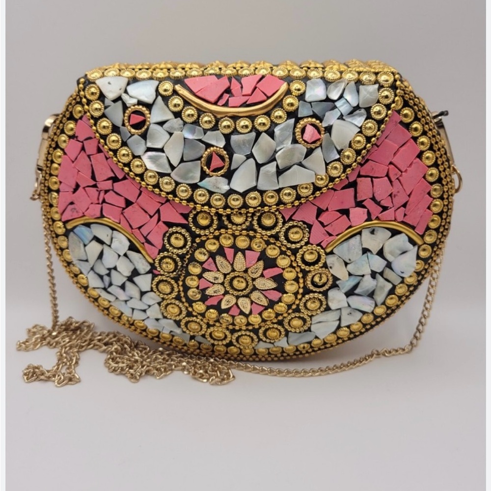 Ramla Beverly Hills Handmade Pink and Gold Mosaic Clutch with Chain Strap